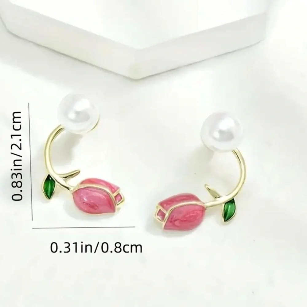 Stunning One Pair of Gold‎ Plated Elegant Pink Rose White Bead Ear Stud Earrings